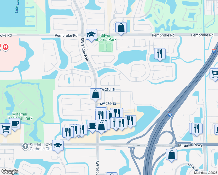 map of restaurants, bars, coffee shops, grocery stores, and more near 15796 Southwest 26th Street in Miramar