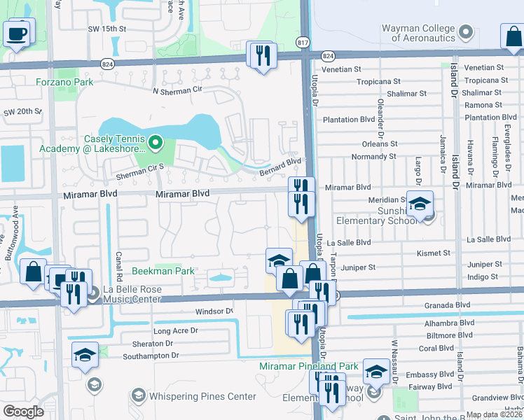 map of restaurants, bars, coffee shops, grocery stores, and more near 2577 Southwest 82nd Avenue in Miramar