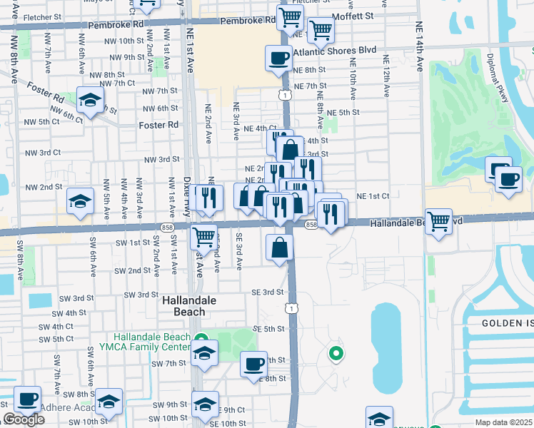 map of restaurants, bars, coffee shops, grocery stores, and more near 400 Northeast 1st Street in Hallandale Beach