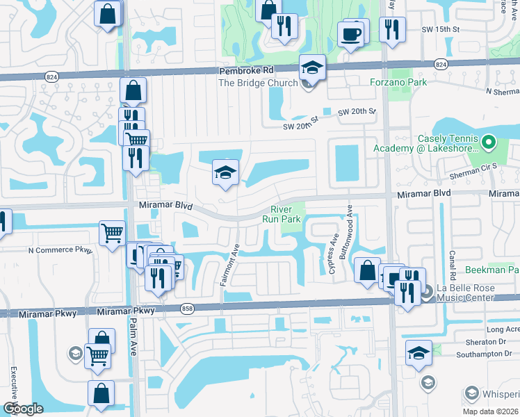map of restaurants, bars, coffee shops, grocery stores, and more near 9550 Ashley Drive in Miramar