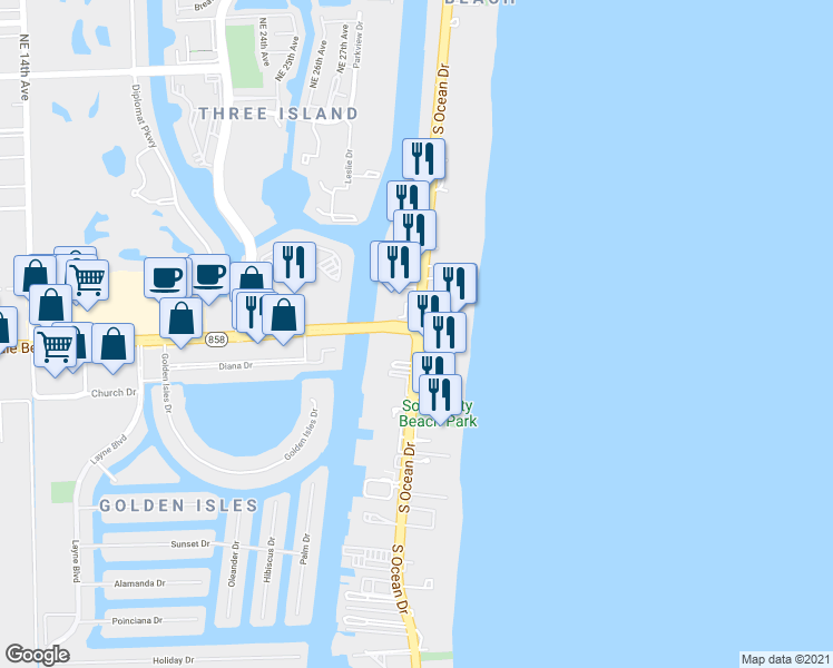 map of restaurants, bars, coffee shops, grocery stores, and more near 2865 South Ocean Drive in Hallandale Beach