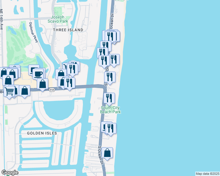 map of restaurants, bars, coffee shops, grocery stores, and more near 4099 South Surf Road in Hallandale Beach