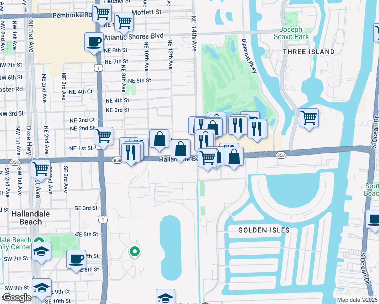map of restaurants, bars, coffee shops, grocery stores, and more near 1339 East Hallandale Beach Boulevard in Hallandale Beach