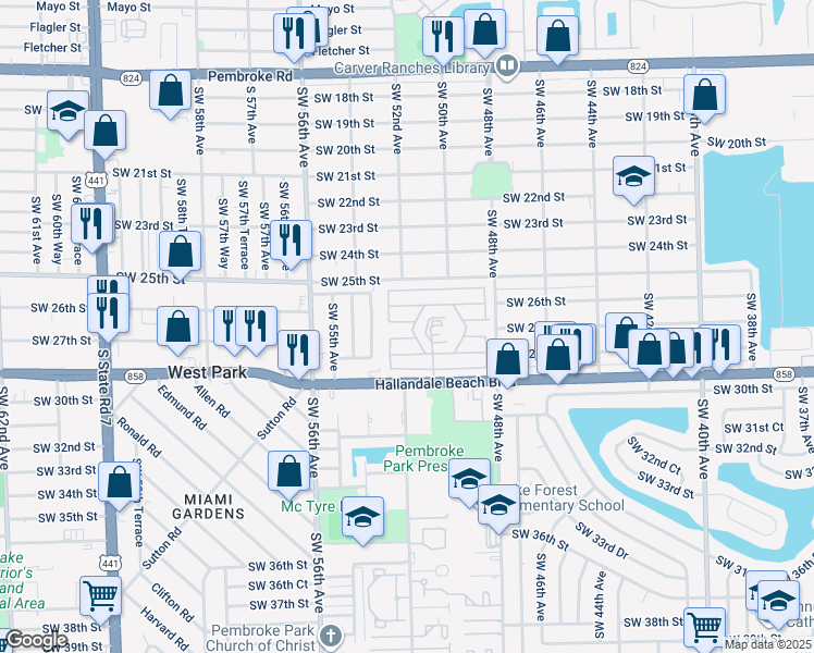 map of restaurants, bars, coffee shops, grocery stores, and more near 5101 Southwest 27th Court in Pembroke Park