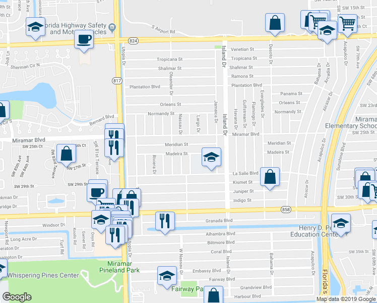 map of restaurants, bars, coffee shops, grocery stores, and more near 7737 La Salle Boulevard in Miramar