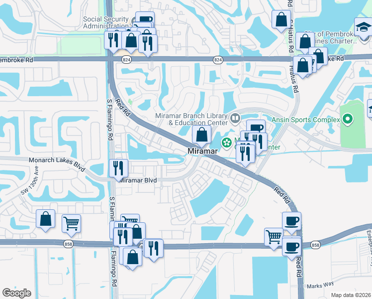 map of restaurants, bars, coffee shops, grocery stores, and more near 2412 Centergate Drive in Miramar