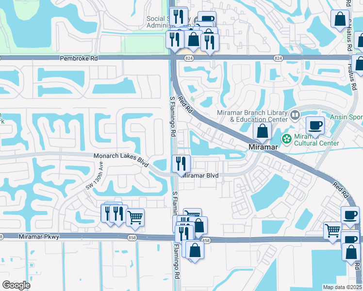 map of restaurants, bars, coffee shops, grocery stores, and more near 2355 Southwest 125th Avenue in Miramar