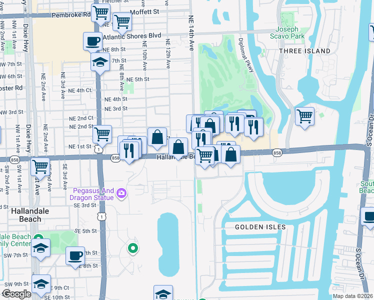 map of restaurants, bars, coffee shops, grocery stores, and more near 1339 East Hallandale Beach Boulevard in Hallandale Beach