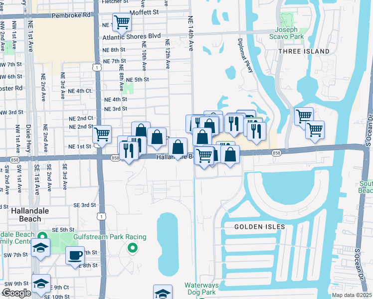 map of restaurants, bars, coffee shops, grocery stores, and more near 1339 East Hallandale Beach Boulevard in Hallandale Beach