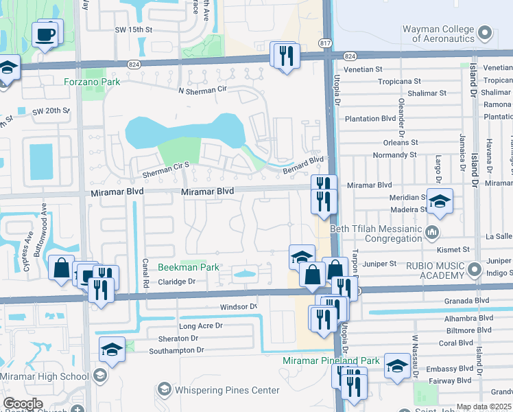 map of restaurants, bars, coffee shops, grocery stores, and more near 2549 Southwest 83rd Avenue in Miramar