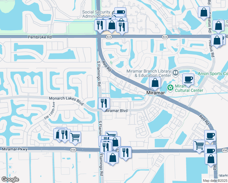 map of restaurants, bars, coffee shops, grocery stores, and more near 2499 Centergate Drive in Miramar