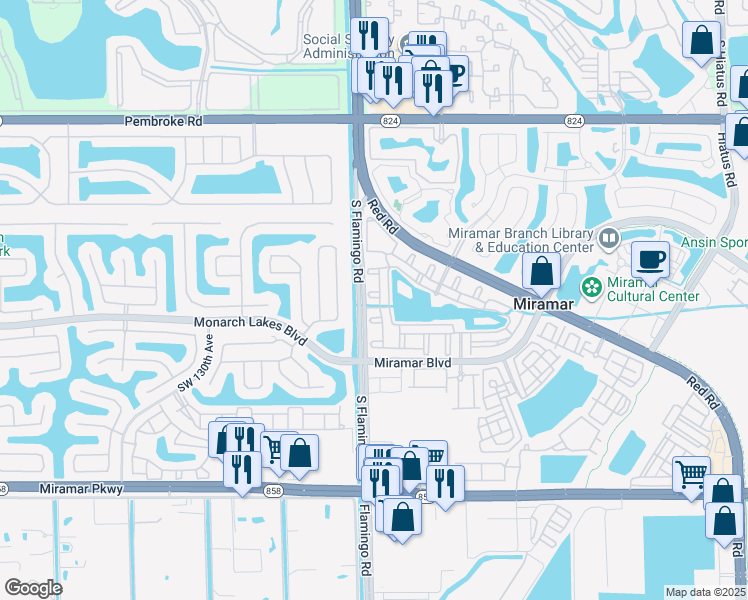 map of restaurants, bars, coffee shops, grocery stores, and more near 2355 Southwest 125th Avenue in Miramar