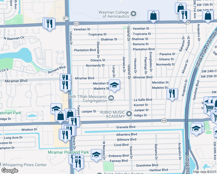 map of restaurants, bars, coffee shops, grocery stores, and more near 7737 La Salle Boulevard in Miramar