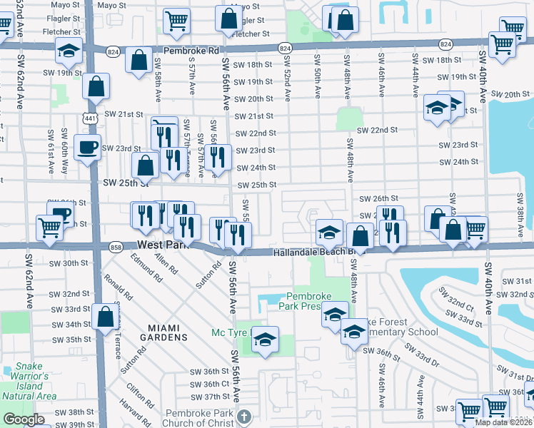 map of restaurants, bars, coffee shops, grocery stores, and more near 2631 Southwest 53rd Avenue in West Park