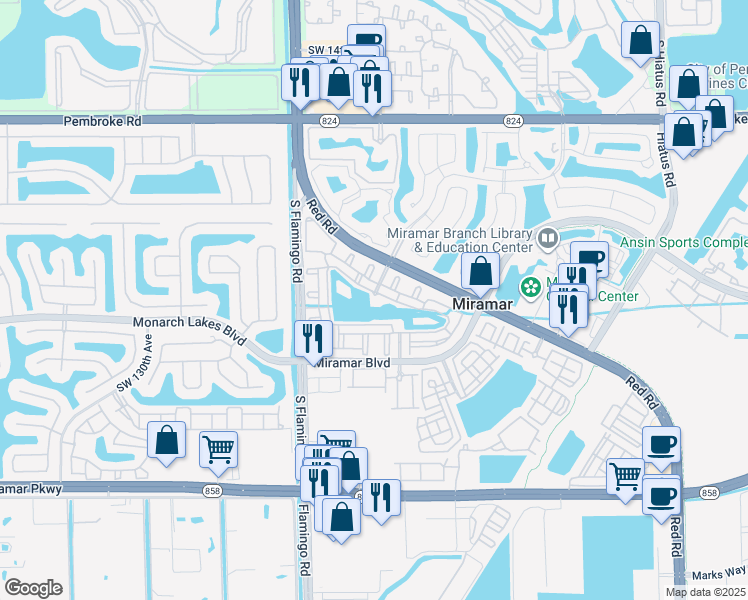 map of restaurants, bars, coffee shops, grocery stores, and more near 2436 Centergate Drive in Miramar