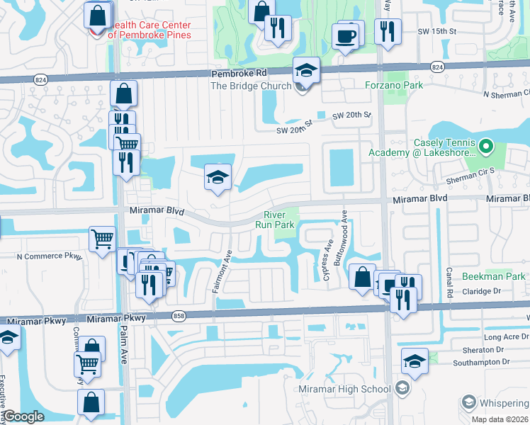 map of restaurants, bars, coffee shops, grocery stores, and more near Miramar Boulevard in Miramar