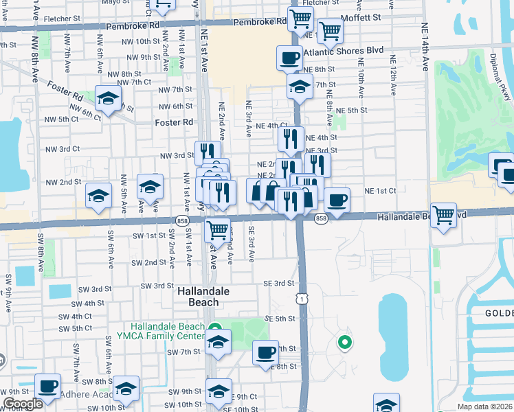 map of restaurants, bars, coffee shops, grocery stores, and more near 301 East Hallandale Beach Boulevard in Hallandale Beach