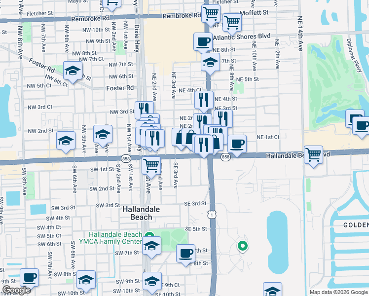 map of restaurants, bars, coffee shops, grocery stores, and more near 301 East Hallandale Beach Boulevard in Hallandale Beach