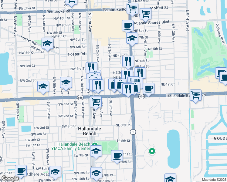 map of restaurants, bars, coffee shops, grocery stores, and more near 301 East Hallandale Beach Boulevard in Hallandale Beach