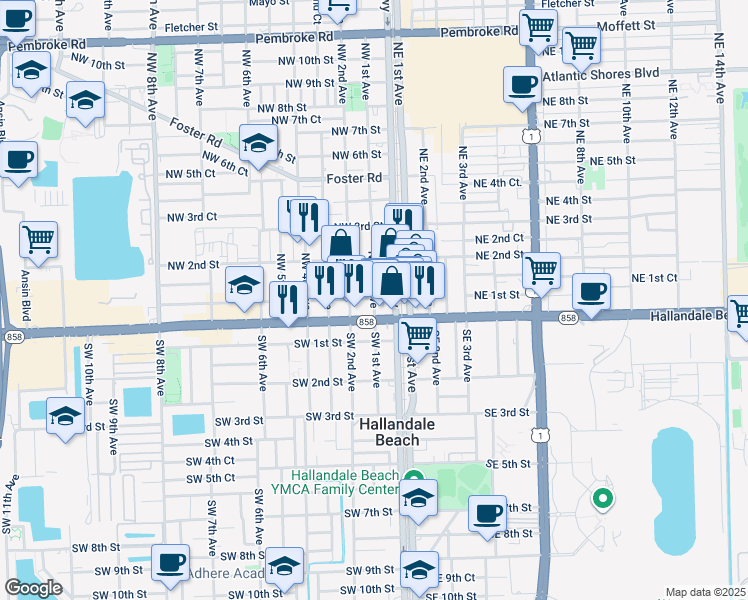 map of restaurants, bars, coffee shops, grocery stores, and more near 100 Northwest 1st Avenue in Hallandale Beach
