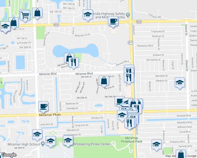 map of restaurants, bars, coffee shops, grocery stores, and more near 2573 Southwest 83rd Terrace in Miramar