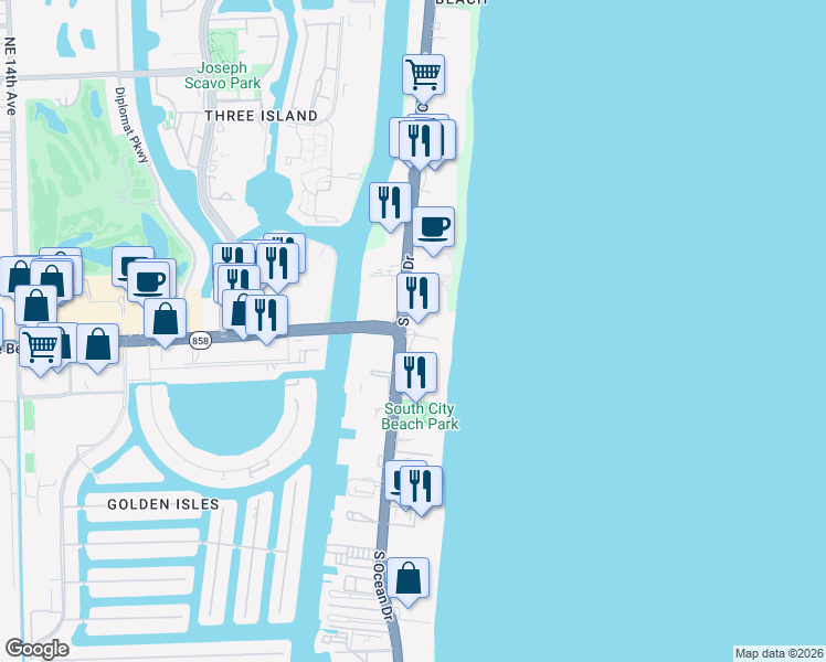 map of restaurants, bars, coffee shops, grocery stores, and more near 1803 South Ocean Drive in Hallandale Beach