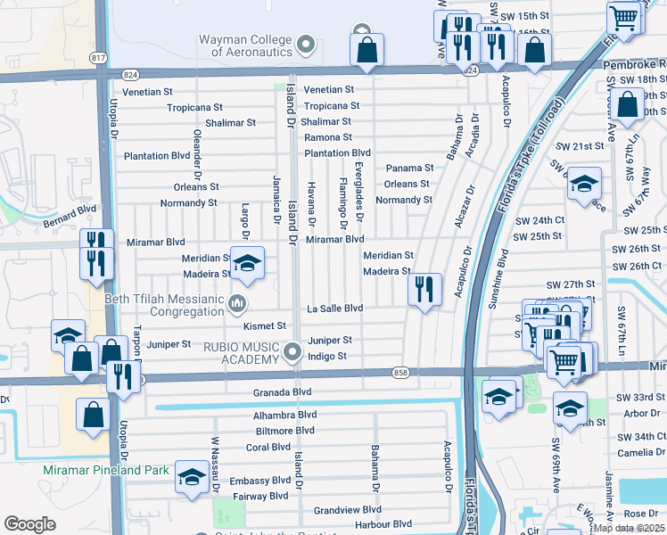 map of restaurants, bars, coffee shops, grocery stores, and more near 2613 Gulfstream Drive in Miramar