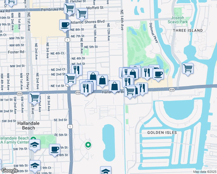 map of restaurants, bars, coffee shops, grocery stores, and more near 1201 East Hallandale Beach Boulevard in Hallandale Beach