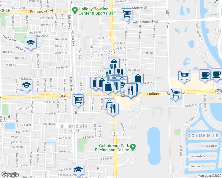 map of restaurants, bars, coffee shops, grocery stores, and more near 10 North Federal Highway in Hallandale Beach
