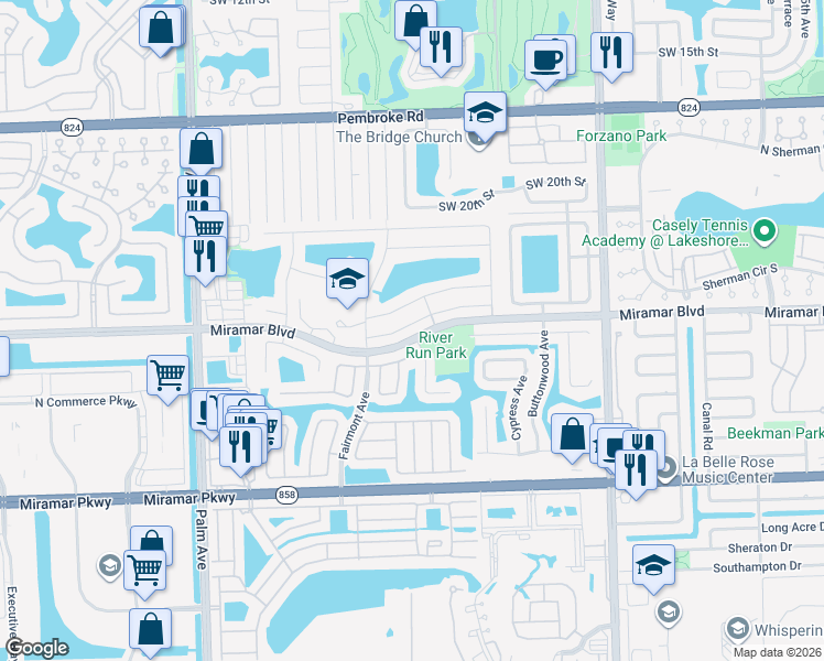 map of restaurants, bars, coffee shops, grocery stores, and more near 9550 Ashley Drive in Miramar