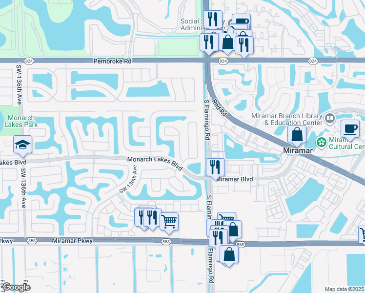 map of restaurants, bars, coffee shops, grocery stores, and more near 2327 Southwest 127th Avenue in Hollywood