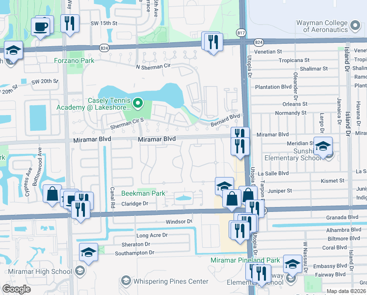map of restaurants, bars, coffee shops, grocery stores, and more near 2573 Southwest 83rd Terrace in Miramar