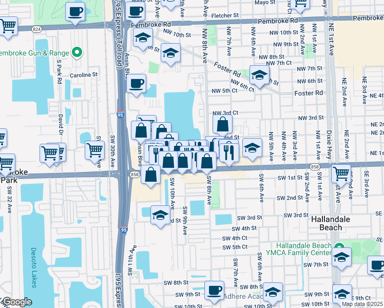 map of restaurants, bars, coffee shops, grocery stores, and more near 100 Northwest 9th Terrace in Hallandale Beach