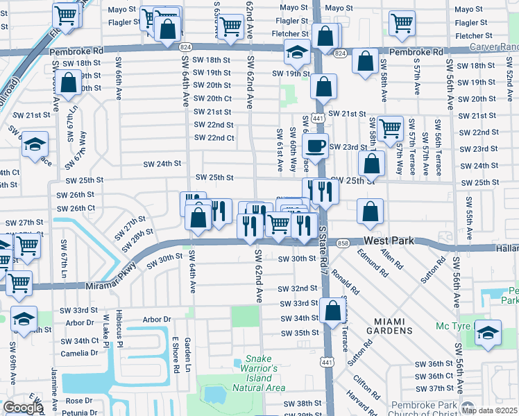 map of restaurants, bars, coffee shops, grocery stores, and more near 6201 Southwest 27th Street in Miramar