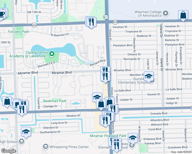 map of restaurants, bars, coffee shops, grocery stores, and more near 2577 Southwest 82nd Avenue in Miramar