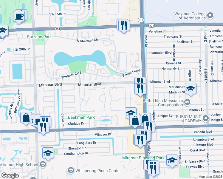 map of restaurants, bars, coffee shops, grocery stores, and more near 8266 Southwest 25th Street in Miramar