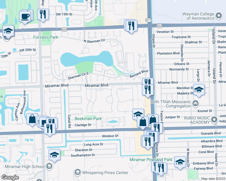 map of restaurants, bars, coffee shops, grocery stores, and more near 2573 Southwest 83rd Terrace in Miramar