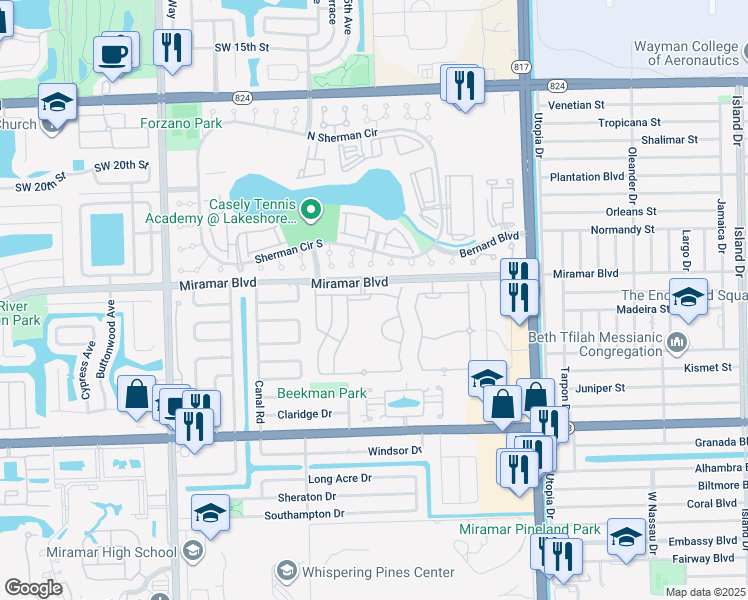 map of restaurants, bars, coffee shops, grocery stores, and more near 8384 Southwest 25th Court in Miramar