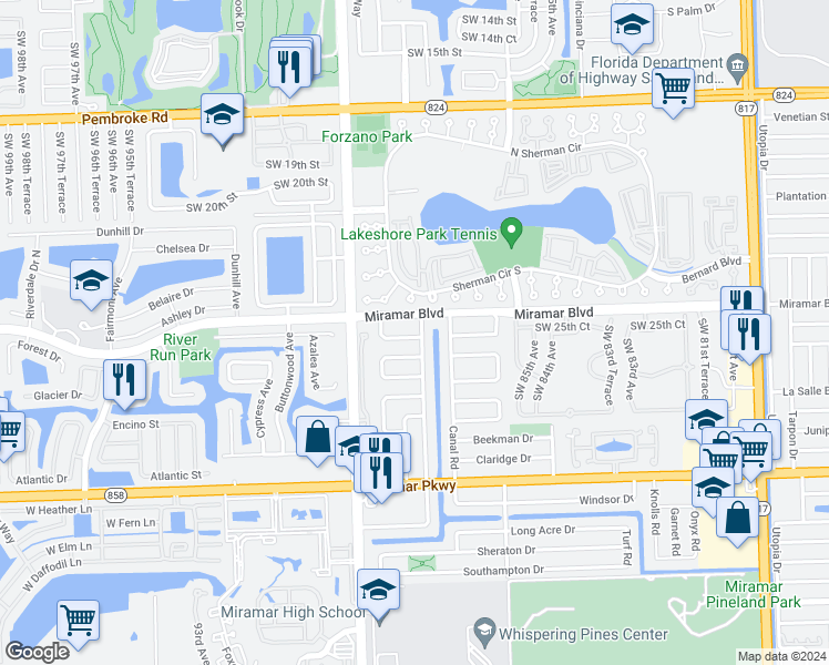 map of restaurants, bars, coffee shops, grocery stores, and more near 8747 Andora Drive in Miramar