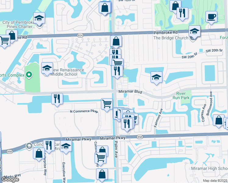 map of restaurants, bars, coffee shops, grocery stores, and more near 2501 Palm Avenue in Miramar