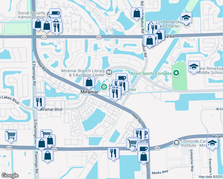 map of restaurants, bars, coffee shops, grocery stores, and more near 2300 Civic Center Place in Miramar