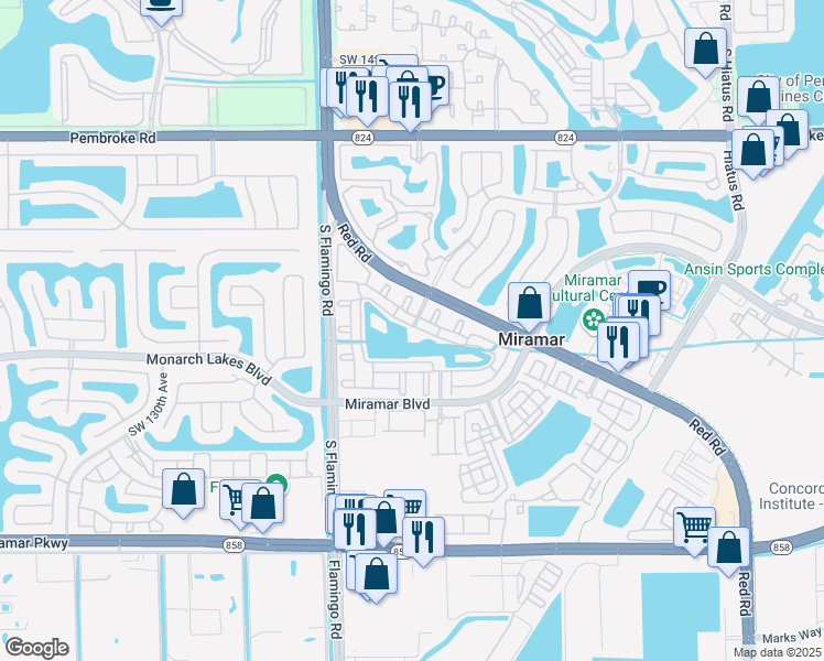 map of restaurants, bars, coffee shops, grocery stores, and more near 2436 Centergate Drive in Miramar