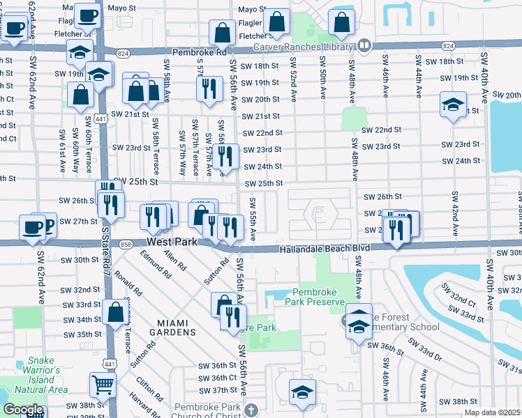 map of restaurants, bars, coffee shops, grocery stores, and more near 2631 Southwest 55th Avenue in West Park