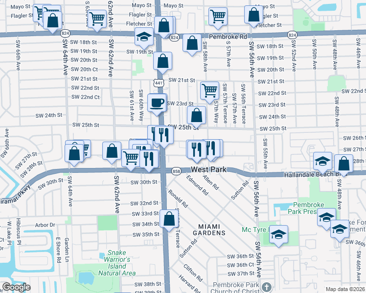map of restaurants, bars, coffee shops, grocery stores, and more near 5909 Southwest 27th Street in West Park