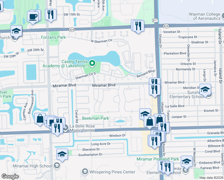 map of restaurants, bars, coffee shops, grocery stores, and more near 8384 Southwest 25th Court in Miramar