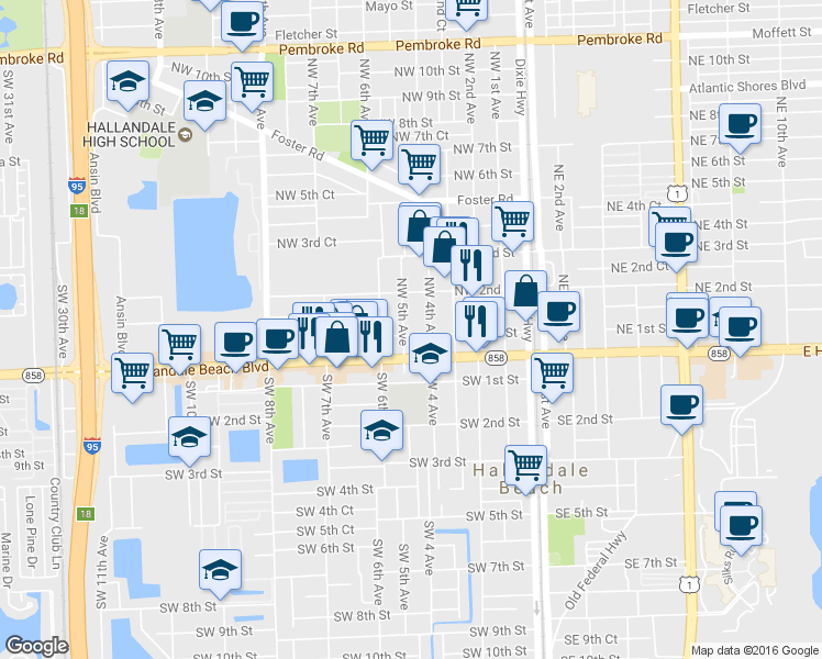 map of restaurants, bars, coffee shops, grocery stores, and more near 100 Northwest 5th Avenue in Hallandale Beach
