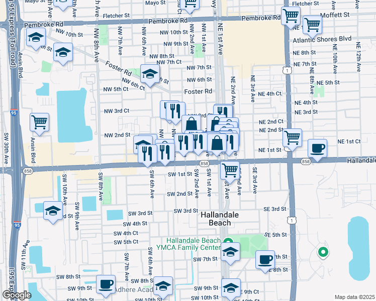 map of restaurants, bars, coffee shops, grocery stores, and more near 26 Northwest 3rd Avenue in Hallandale Beach