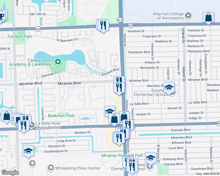 map of restaurants, bars, coffee shops, grocery stores, and more near 2573 Southwest 81st Terrace in Miramar