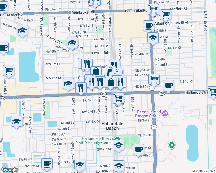 map of restaurants, bars, coffee shops, grocery stores, and more near 100 Northwest 1st Avenue in Hallandale Beach