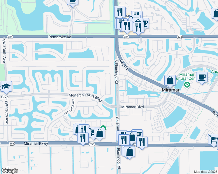 map of restaurants, bars, coffee shops, grocery stores, and more near 2320 Southwest 125th Avenue in Miramar